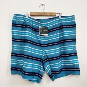 NEW Eddie Bauer Men's UPF 50+ Tidal 2.0 Aqua Striped Blue Swimwear Shorts 3XL